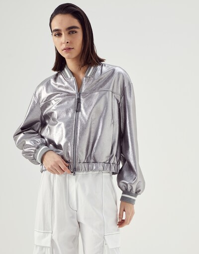 Brunello Cucinelli Laminated Leather Bomber Jacket Puffer Jackets Silver In Metallic
