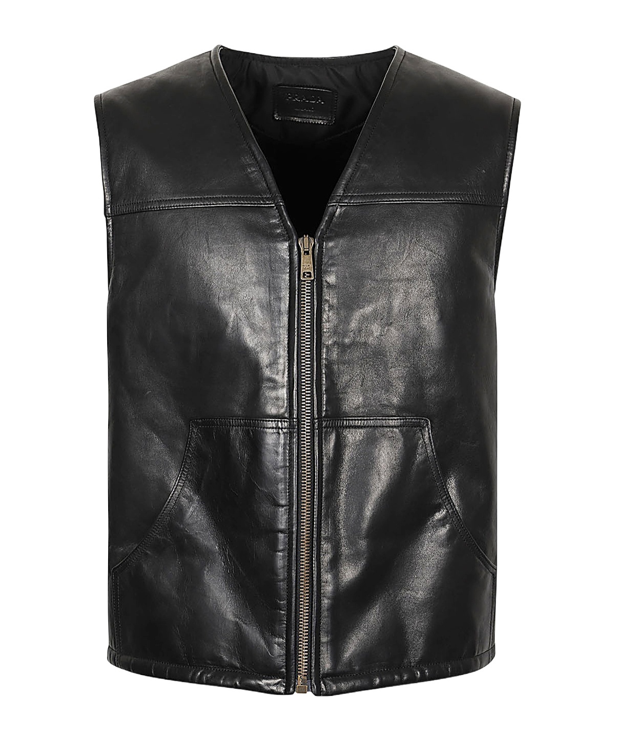Prada Sleeveless V-neck Leather Vest With Raised Stitching In Black