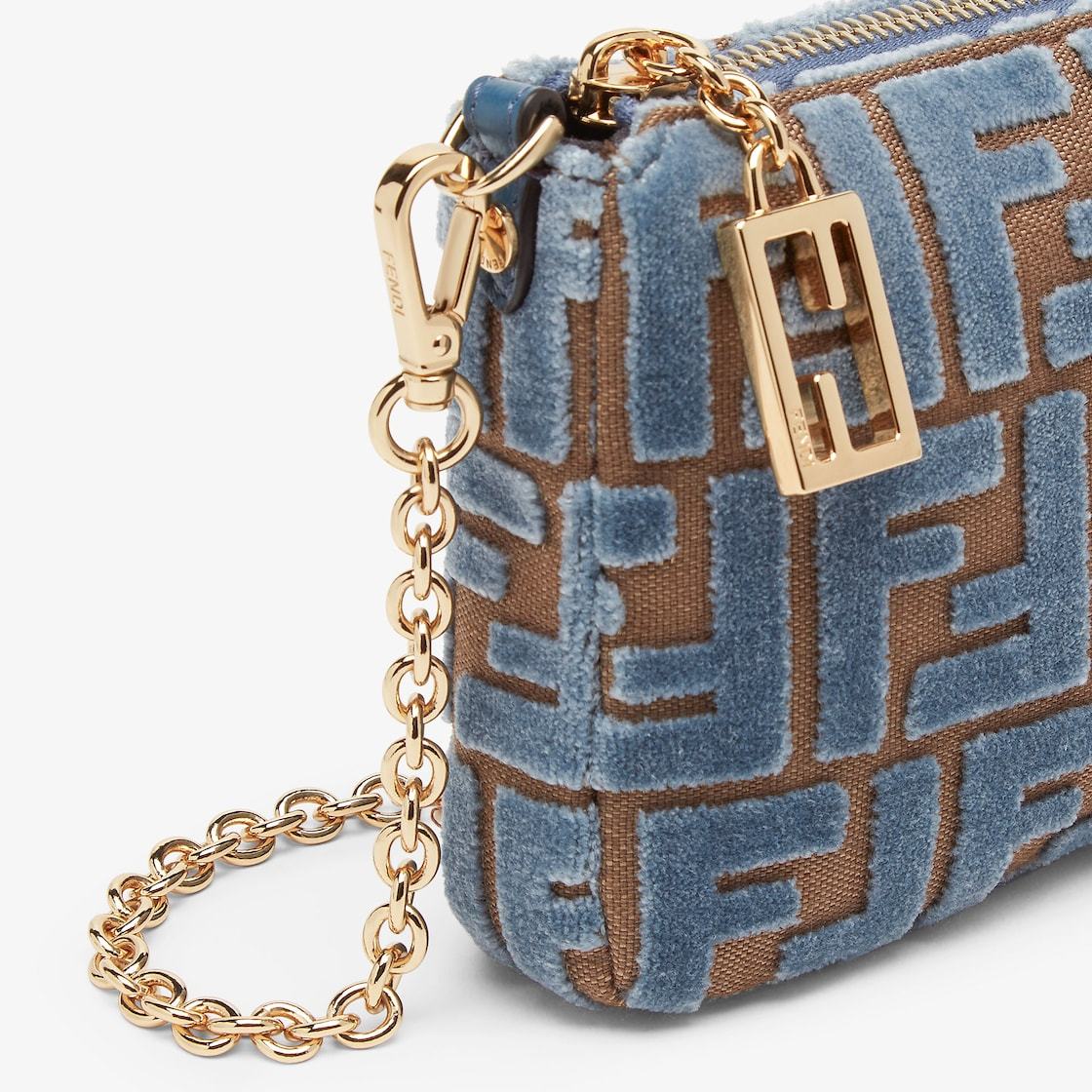 FENDI LIGHT BLUE JACQUARD FF VELVET POUCH WITH CHAIN
