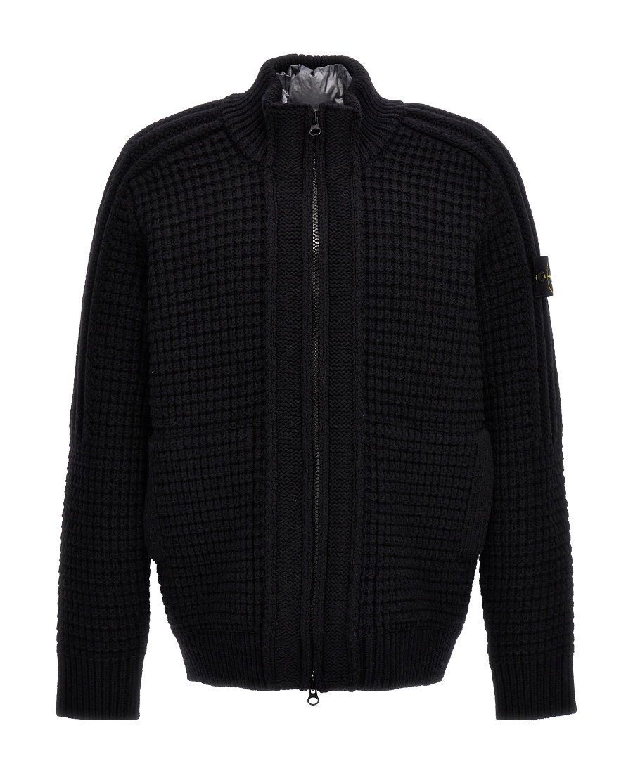 Stone Island Long-sleeved Knitted Cardigan In Black