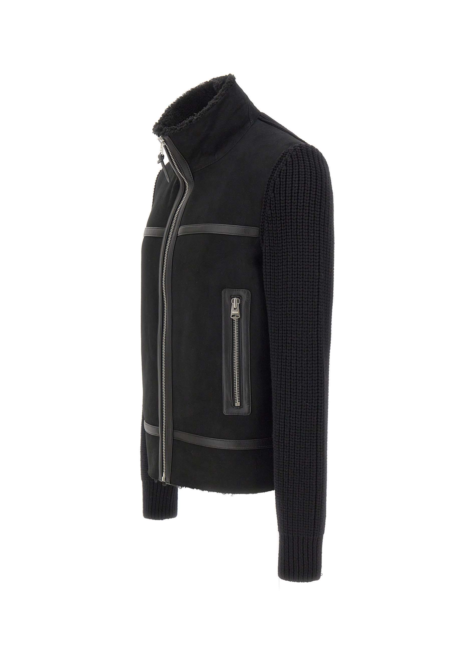 Mackage Leather-trimmed Knitted-sleeve Jacket In Black