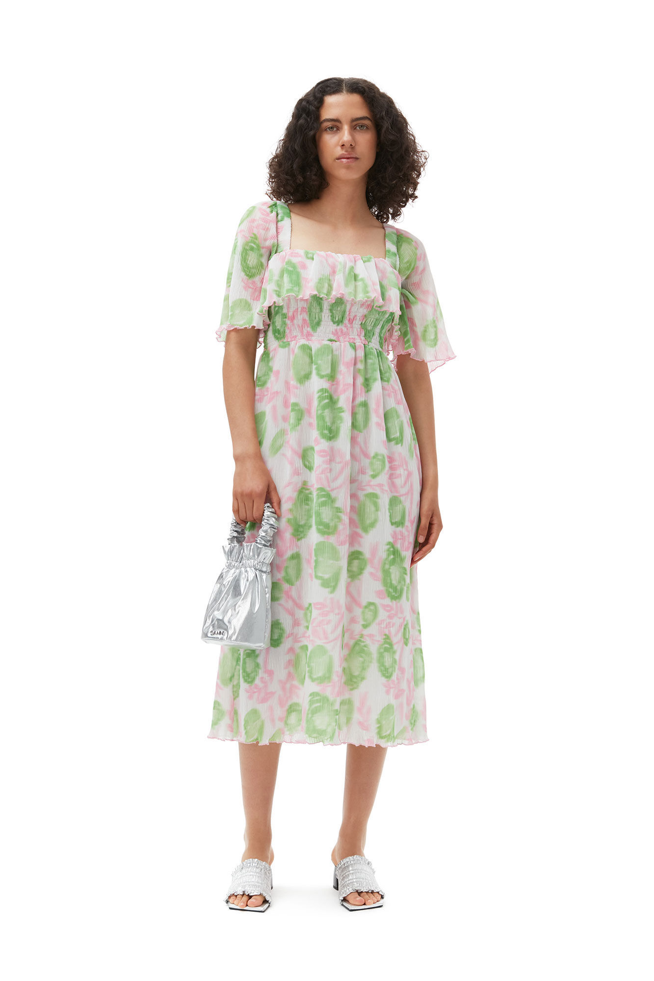 Ganni Short Sleeve Pleated Georgette Midi Smock Dress In Pink