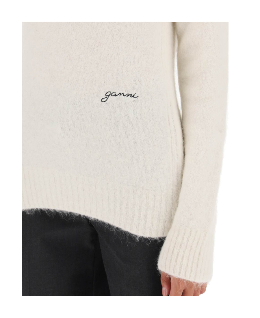 Ganni Womens Egret Logo-embroidered Round-neck Alpaca-blend Jumper In White