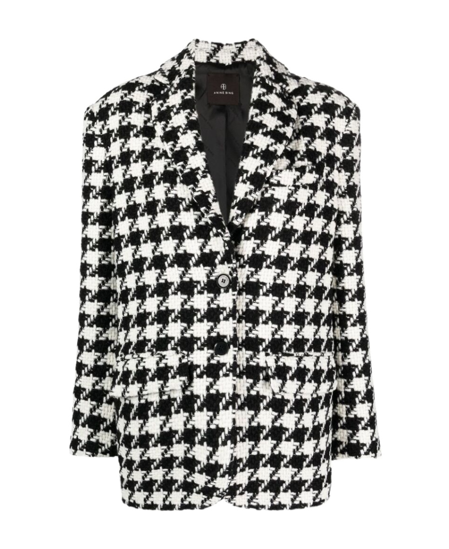 Shop Anine Bing Houndstooth-pattern Tweed Blazer In Black