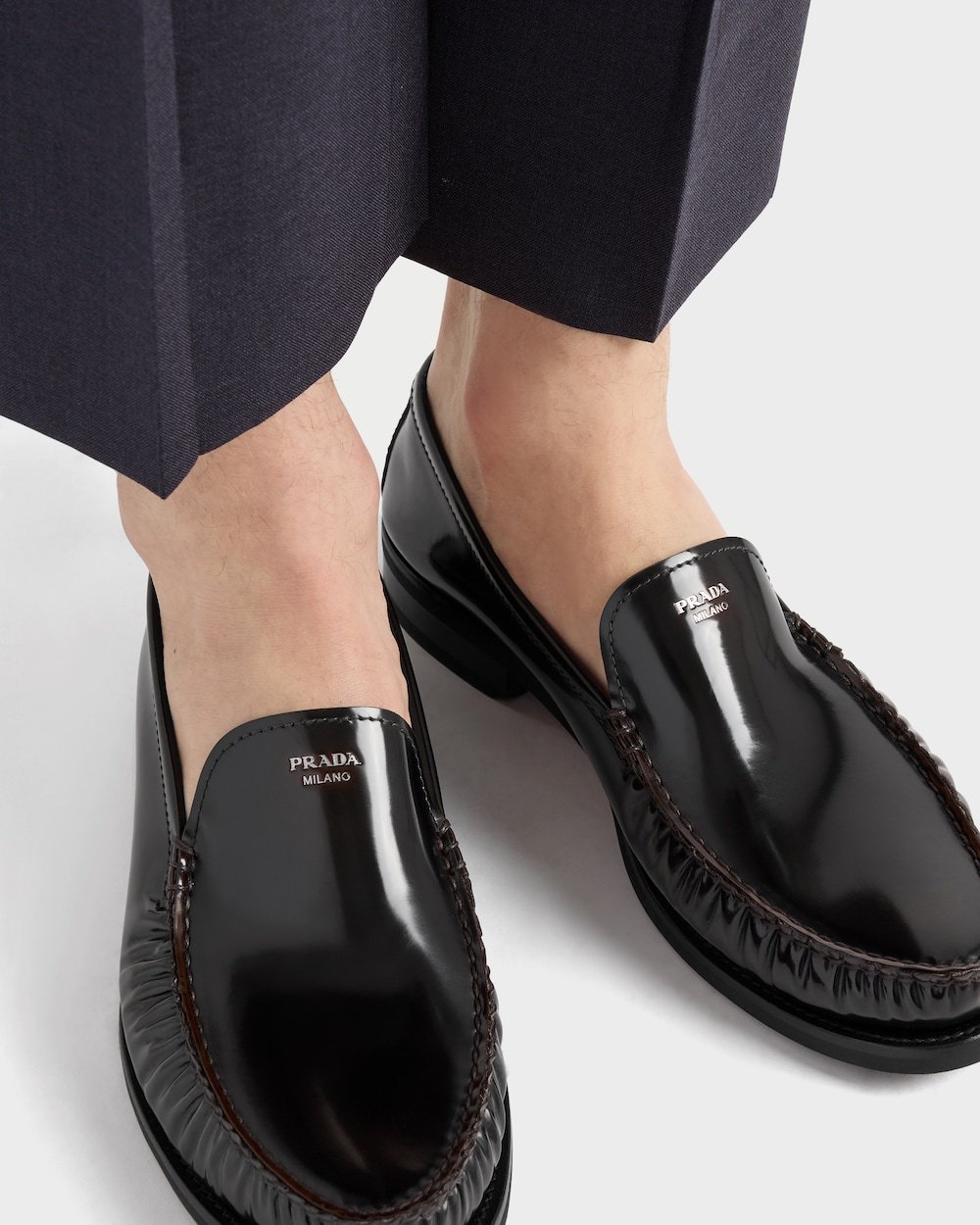 Prada Polished Leather Flat Shoes In Black