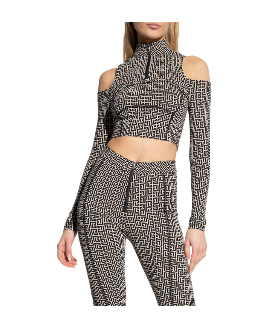 BALMAIN LONG SLEEVE CUT MONOGRAM JERSEY CROPPED TOP