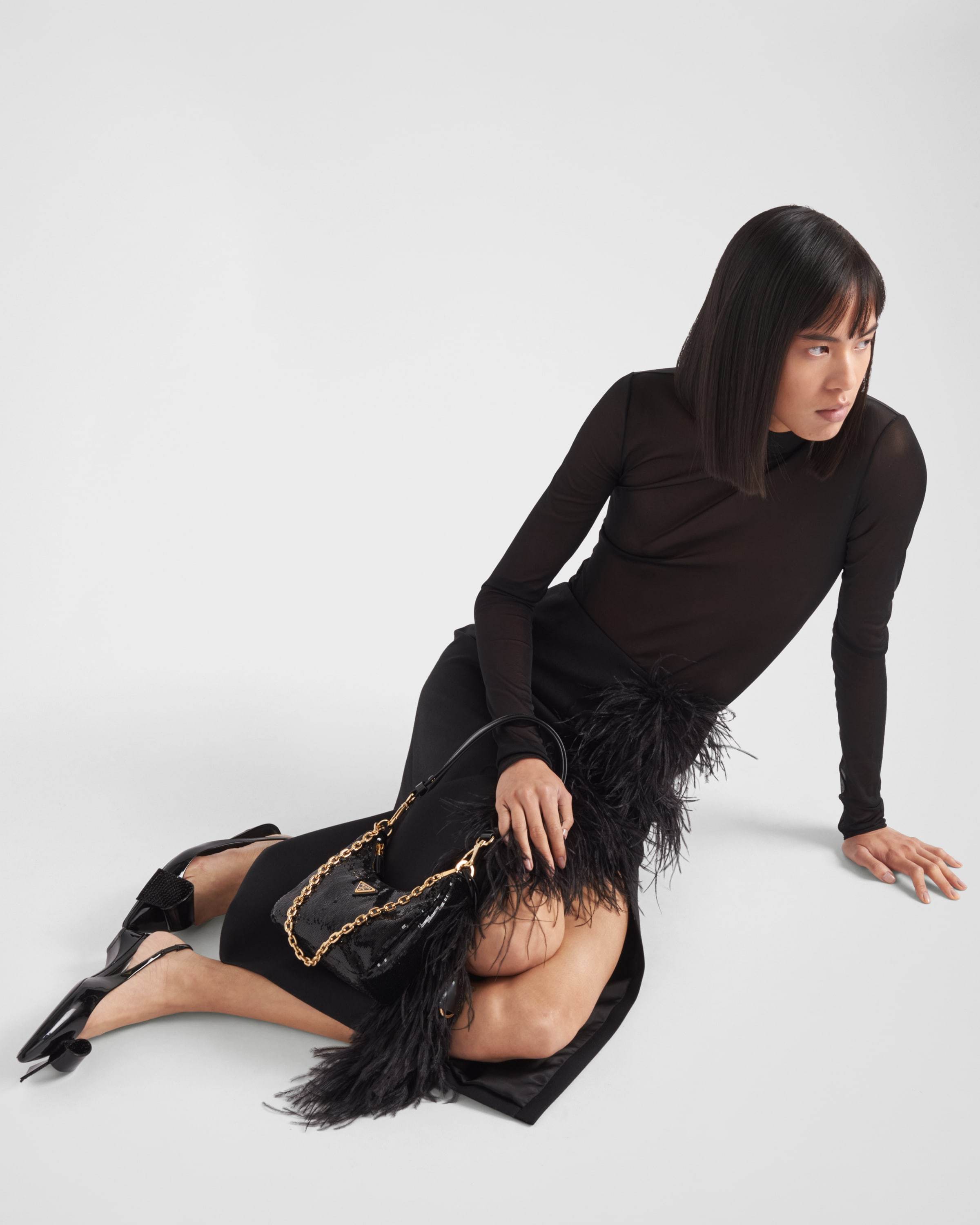 Prada Feather-trimmed Wool Midi-skirt In Black