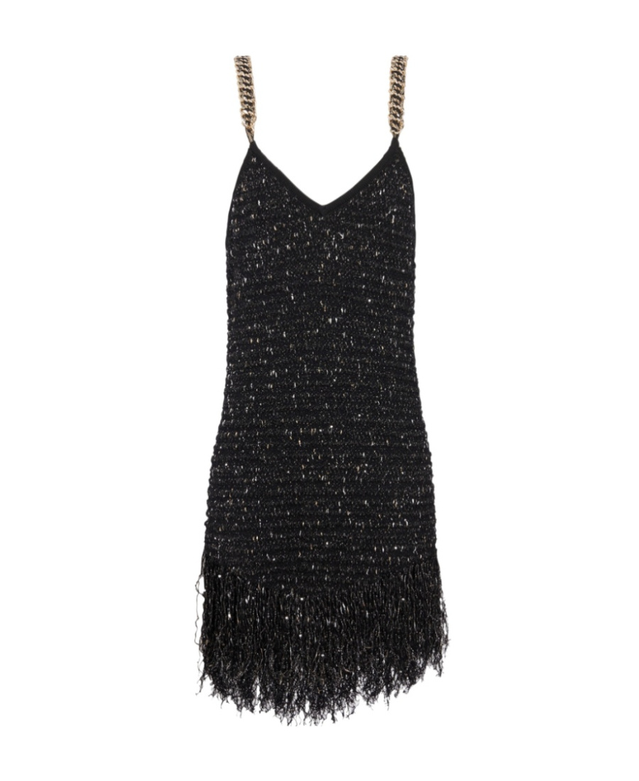 Balmain Chain-embellished Fringed Sequined Bouclé-tweed Mini Dress In Black