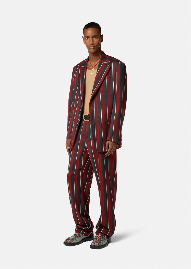 Versace Regimental Stripes-print Single-breasted Blazer In Black