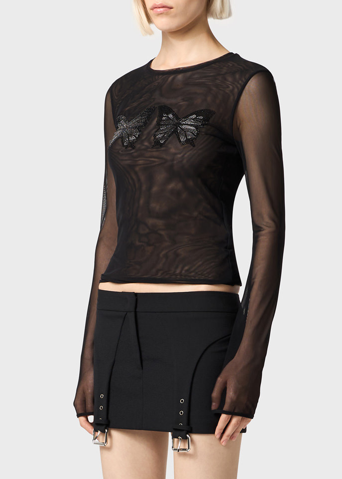 Blumarine Butterfly-embellished Mesh Top In Black