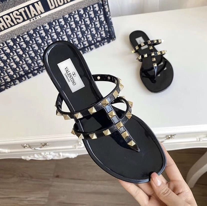Valentino Rockstud T-strap Flat Slide Sandals In Black