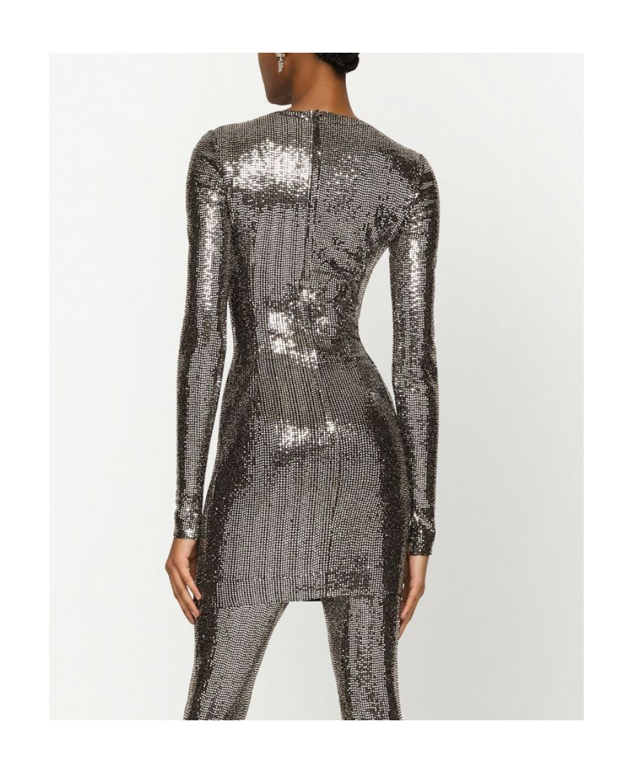 Dolce & Gabbana Silver-tone Sequin Metallic Long-sleeve Mini Dress In Black