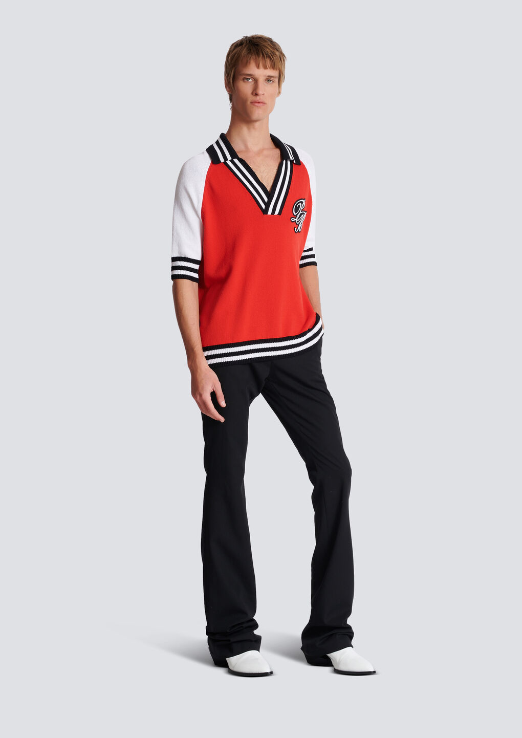 Balmain Signature Knitted Polo Top In Red