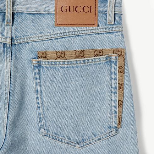 Gucci Men Light Blue Jeans With Gg Detail On The Pocket And Logo Patch On The Rear In Denim Man In Blue