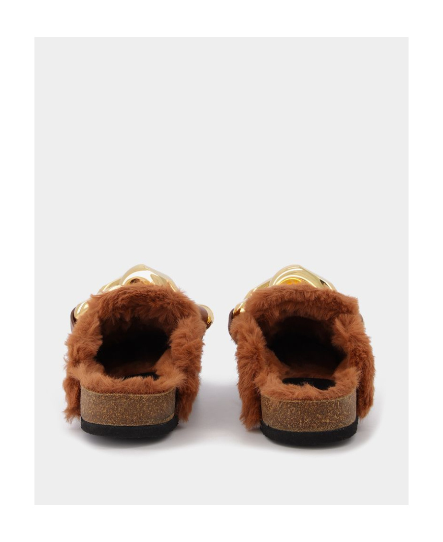 Jw Anderson Flat Chain Faux Fur Lining Leather Sandals In Brown