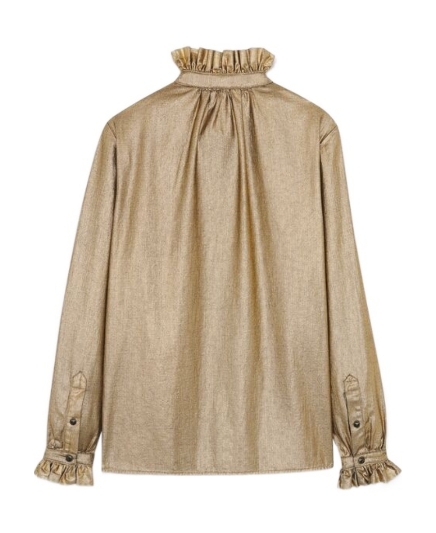 SAINT LAURENT RUFFLED SHIRT IN LAMINATED GOLD RINSE DENIM