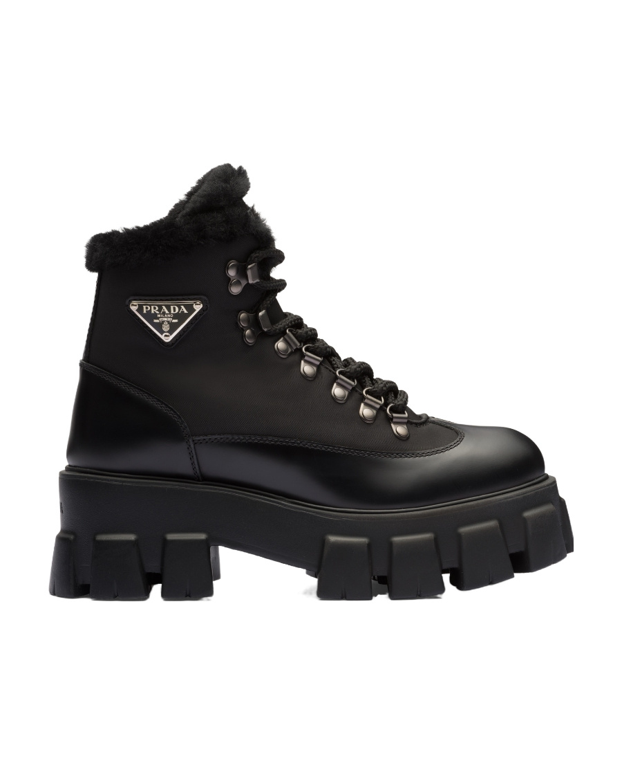 Prada Monolith Laced Short Boots In Black