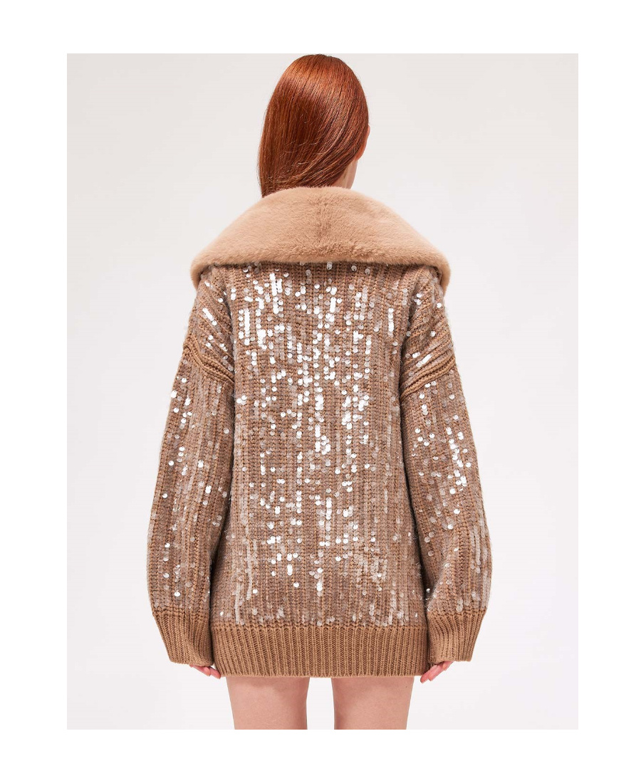Blumarine Faux-fur Tirm Sequin Cardigan In Nude