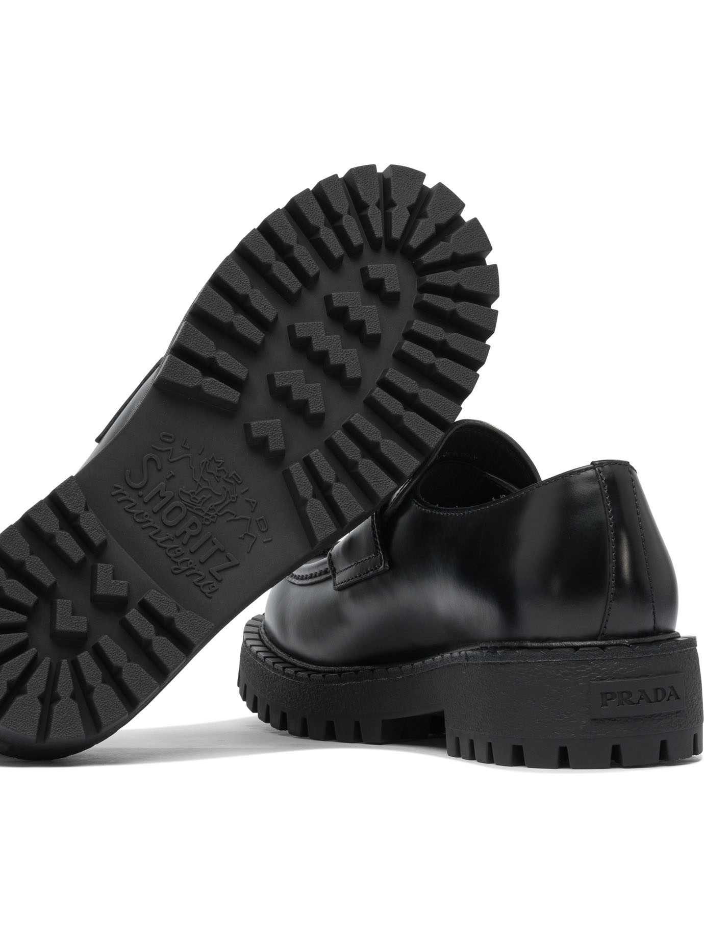 Prada Polished Black Leather Loafers With Chunky Rubber Sole
