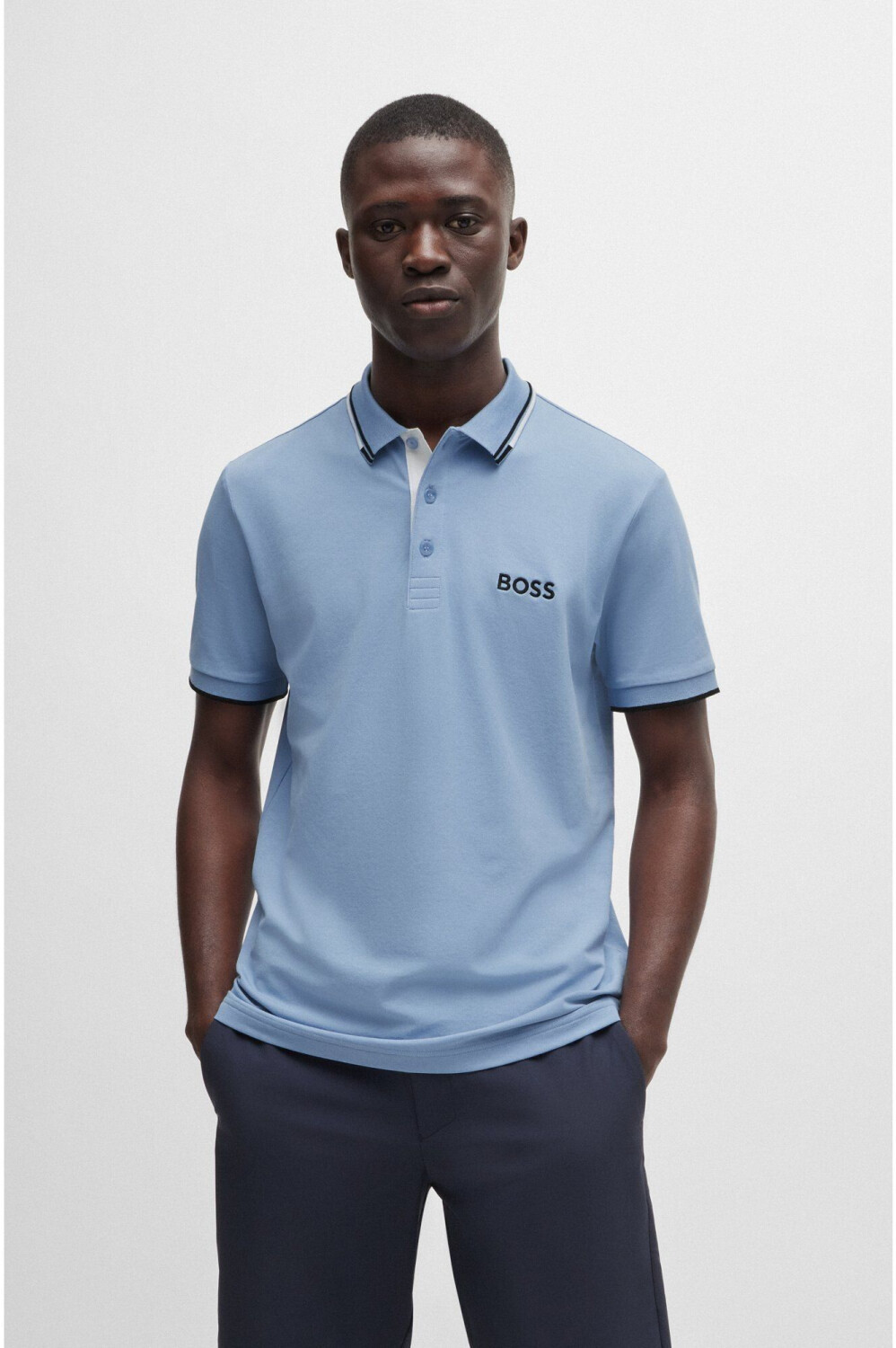 Hugo Boss Stretch-cotton Polo Shirt With Striped Tape Inserts In Blue