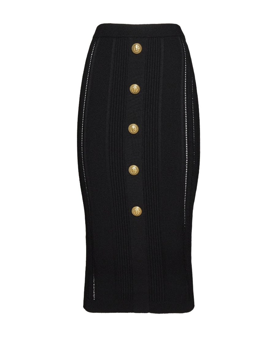 Shop Balmain Ribbed-knit Midi Skirt In Black