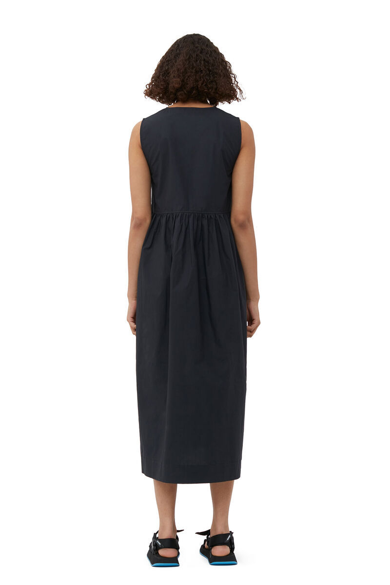 Ganni Tie String Poplin Dress In Black
