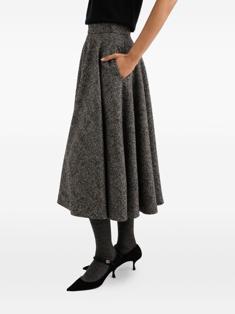 Dolce & Gabbana Midi Circle Skirt In A Dotted Wool Blend In Black