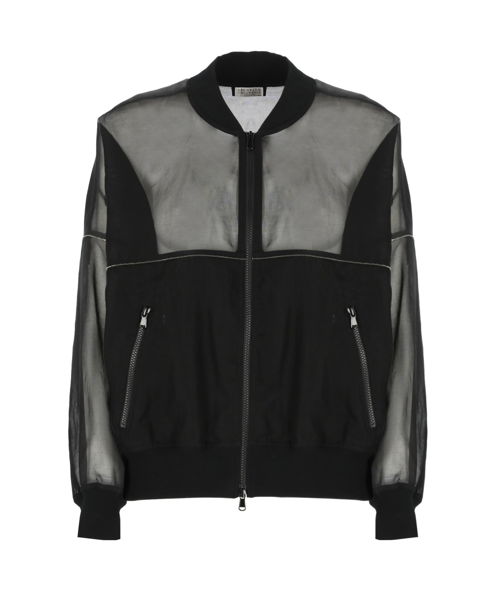 Brunello Cucinelli Black Organza Shiny Trims Bomber Jacket In Black