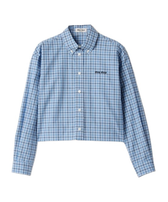 Miu Miu Long Sleeve Cropped Button Down Shirt With Collar In Blue