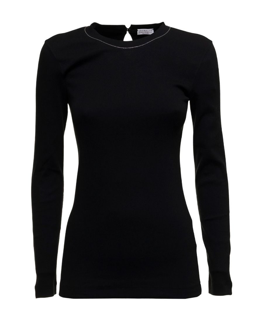 Brunello Cucinelli Womans Long-sleeved Black Cotton T-shirt With Monile Crew Neck