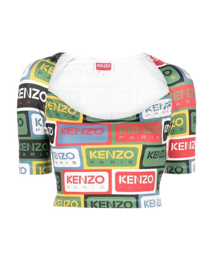 Kenzo All-over Logo Printed Crewneck Crop Top In Multicolor