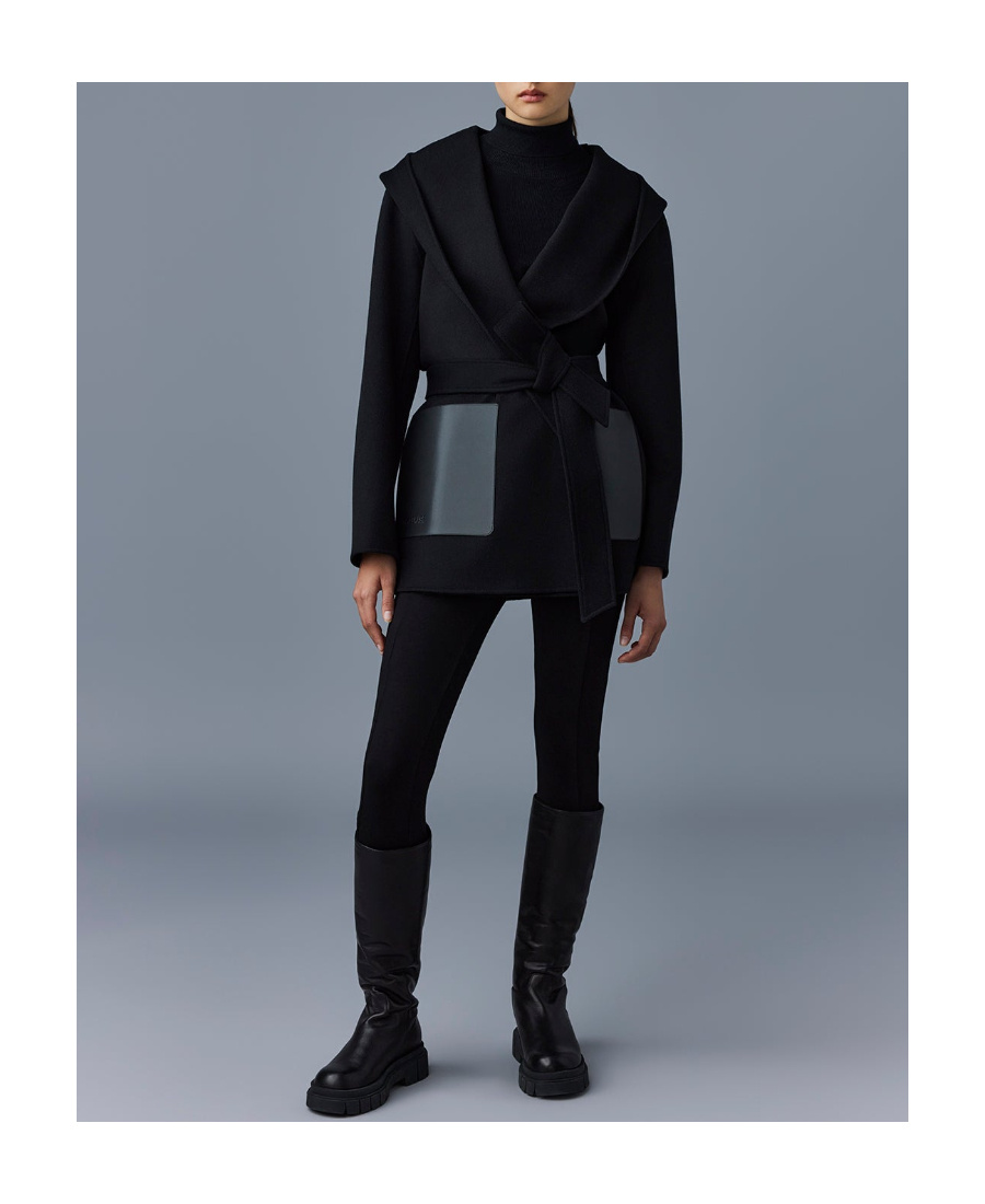 Mackage Leather-pockets Wool Hooded Coat In Black