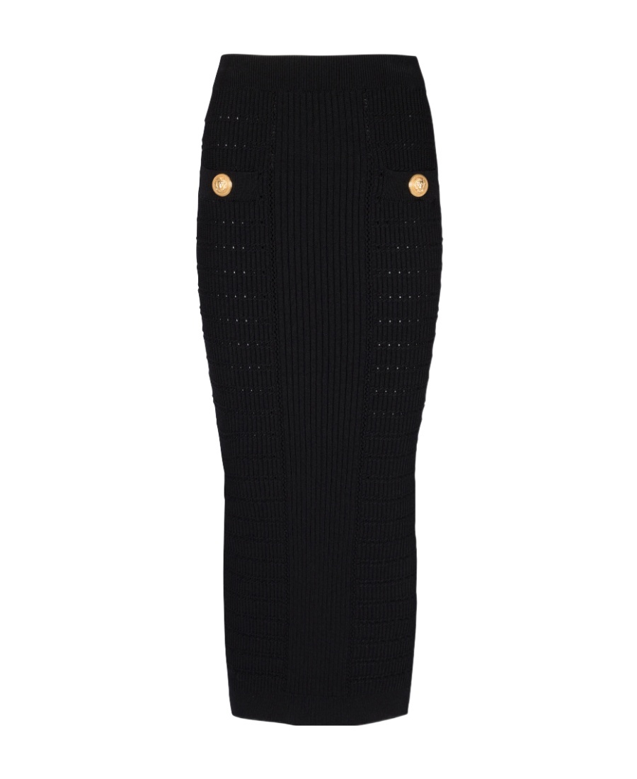 Balmain Black Plain Ribbed Knit Midi Skirt In Black