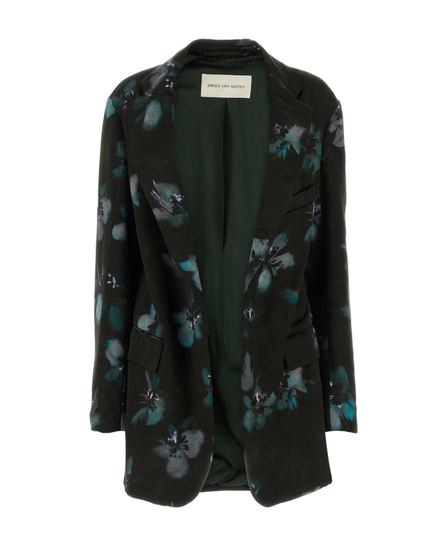 Dries Van Noten Floral Printed Long Sleeved Jacket In Black