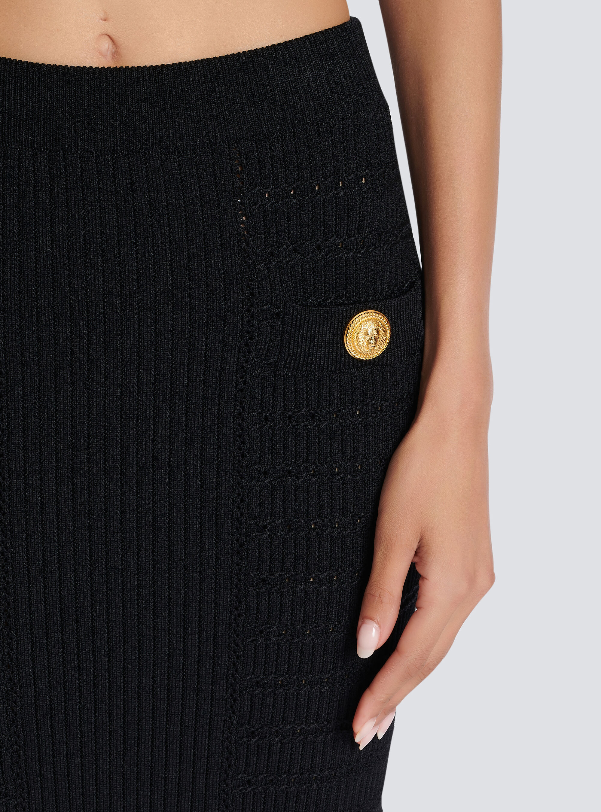 Balmain Black Plain Ribbed Knit Midi Skirt In Black