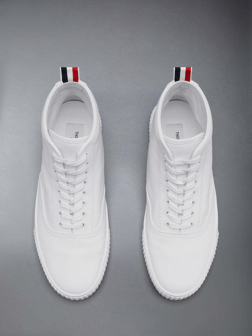Thom Browne White Vitello Calf Leather High Top Heritage Sneakers In White