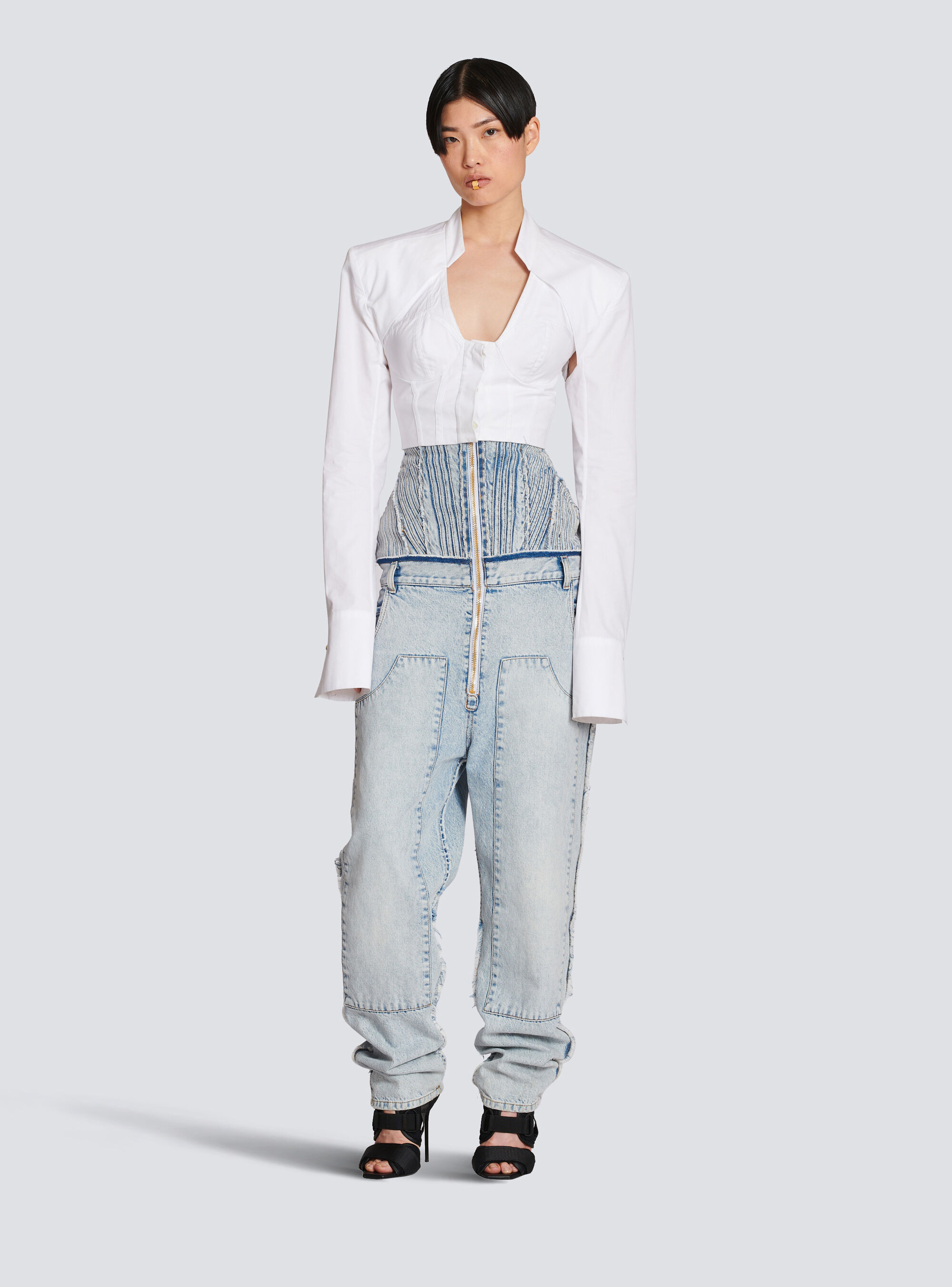 Balmain White Cotton Poplin Cropped Shirt In White