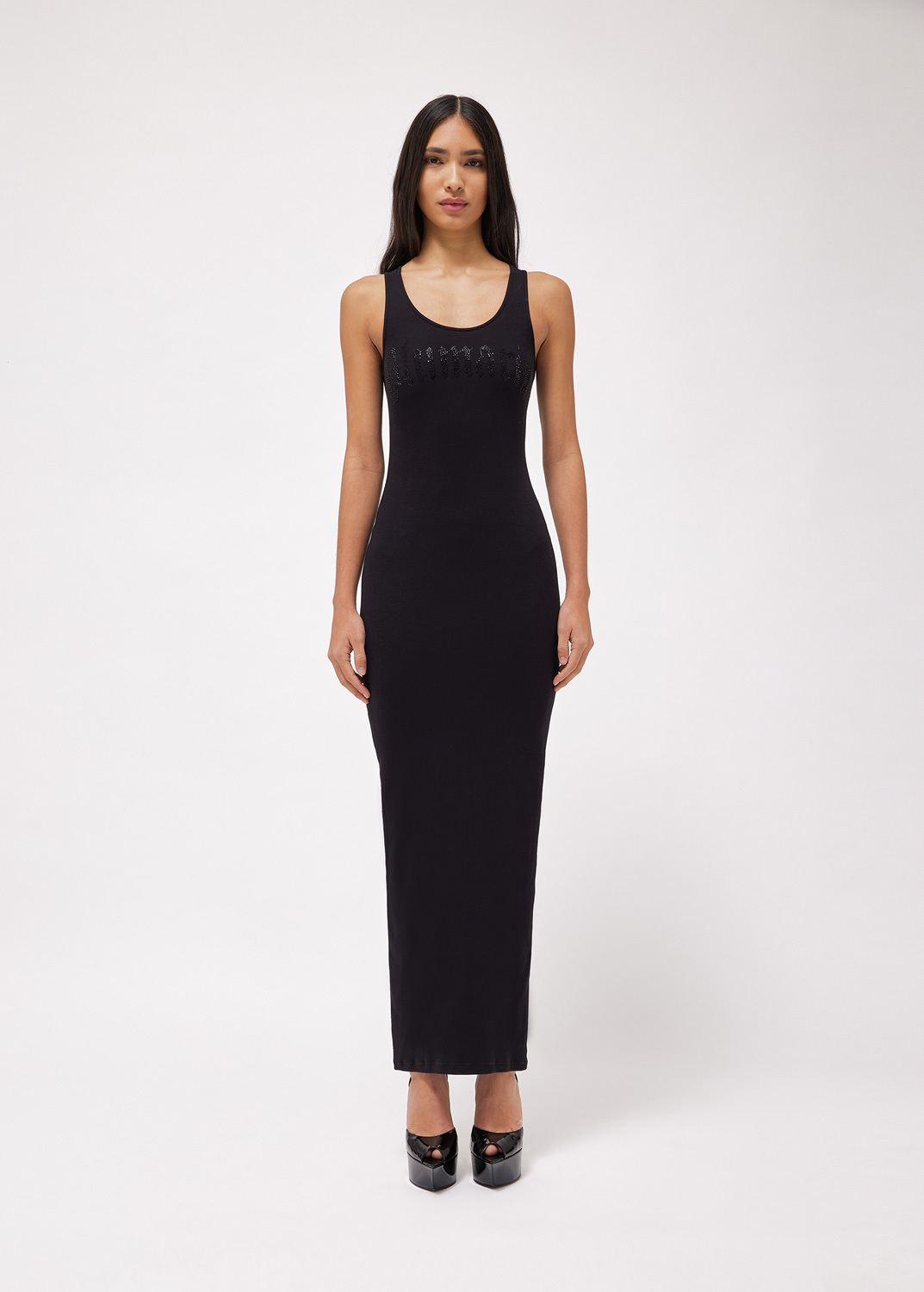 Blumarine Abito Midi Con Ricamo B Gothic In Strass In Black