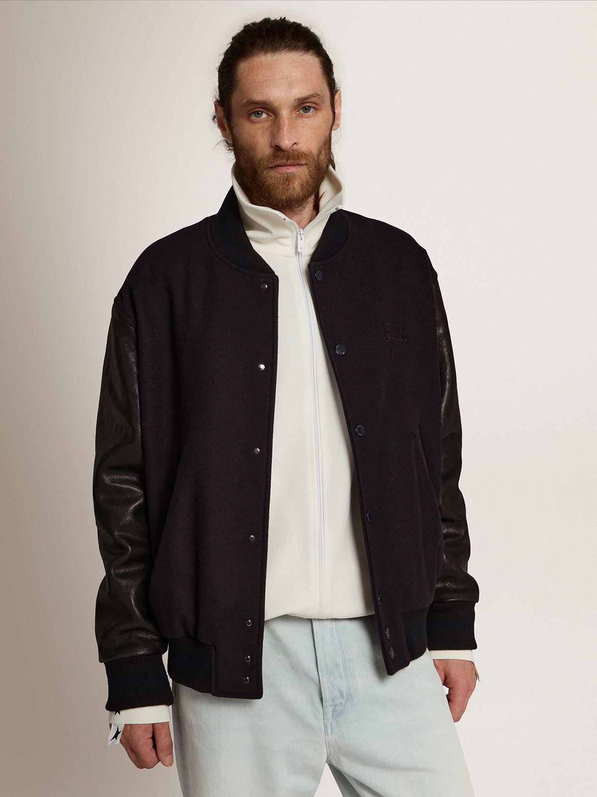 Shop Golden Goose Panelled Varsity Jacket In Black