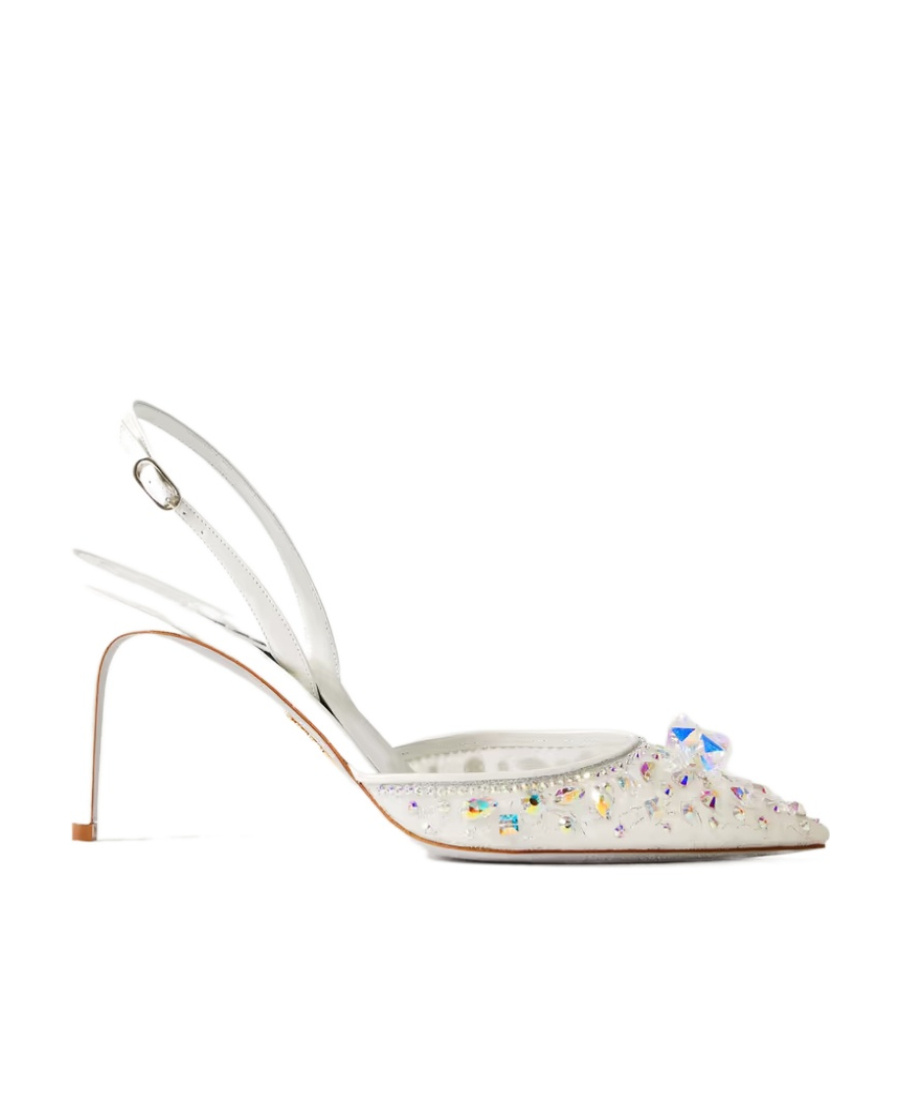 René Caovilla Lace Embellished Sling Back Pumps In White