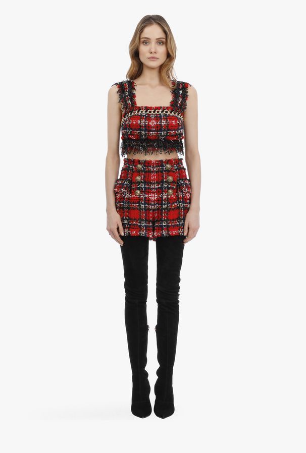 Balmain Frayed Check Tweed Shorts In Multicolor