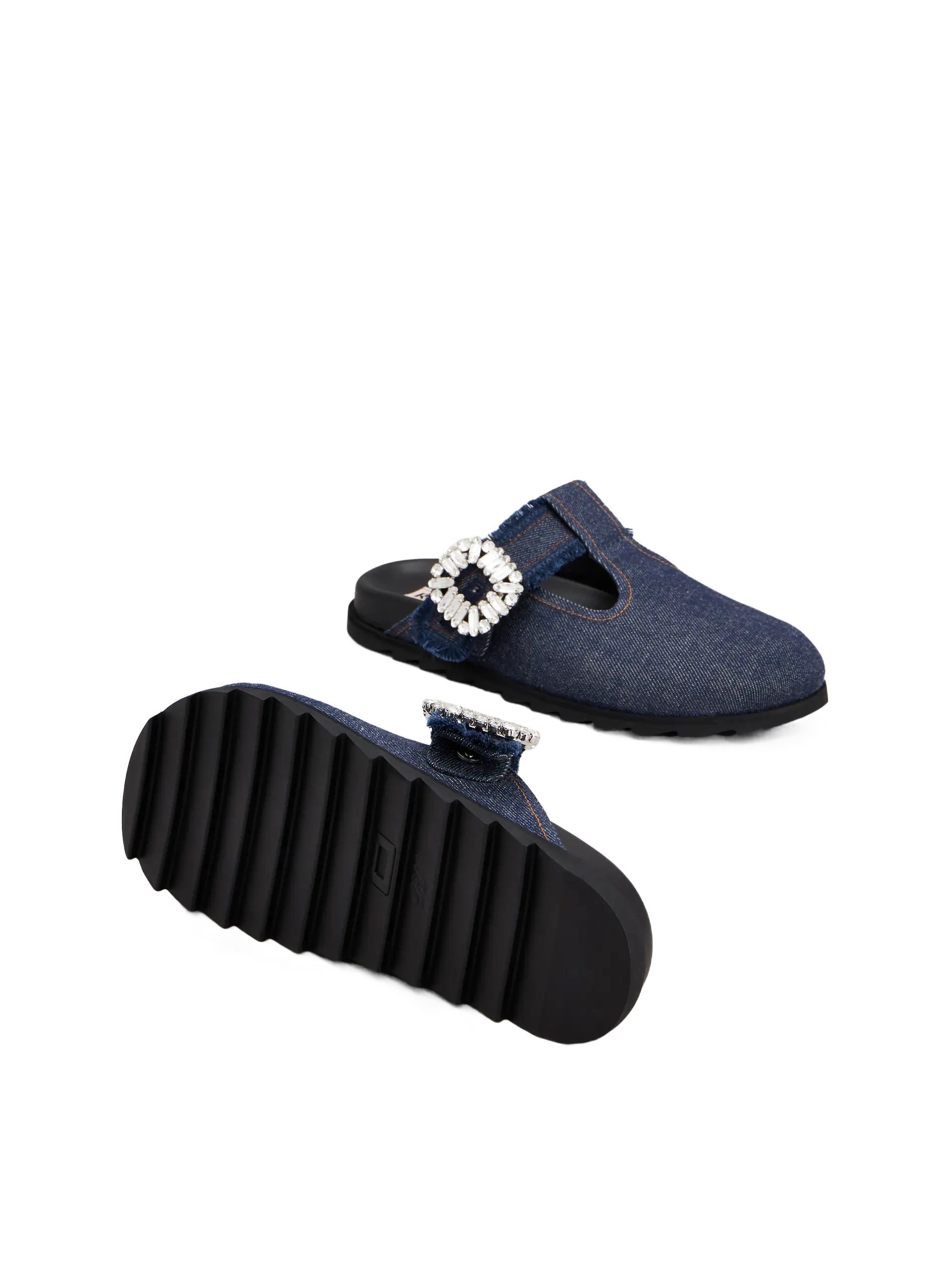 Roger Vivier Slidy Viv Embellished Denim Mules In Blue