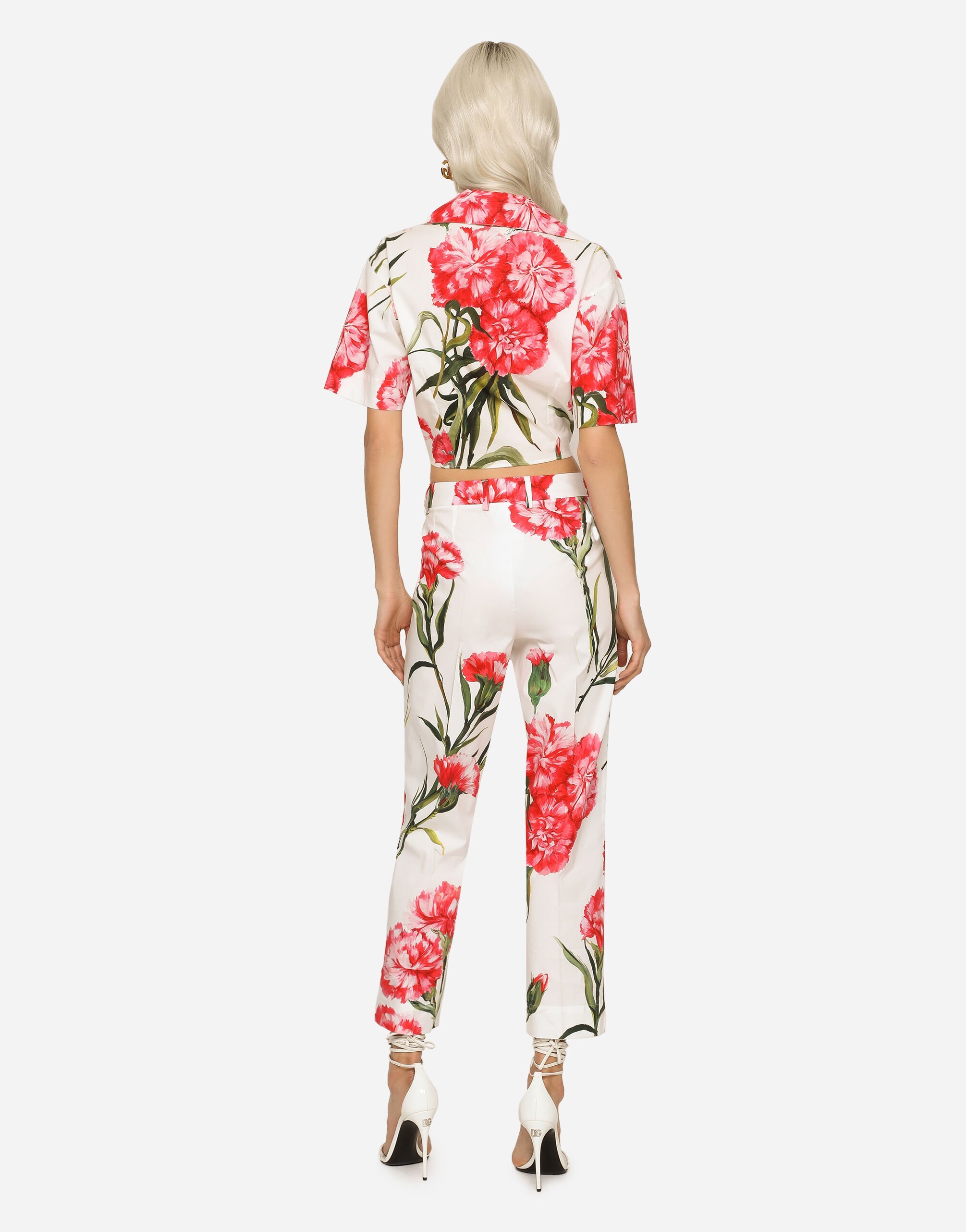 Dolce & Gabbana Carnation Print Stretch Cotton Crop Pants In White