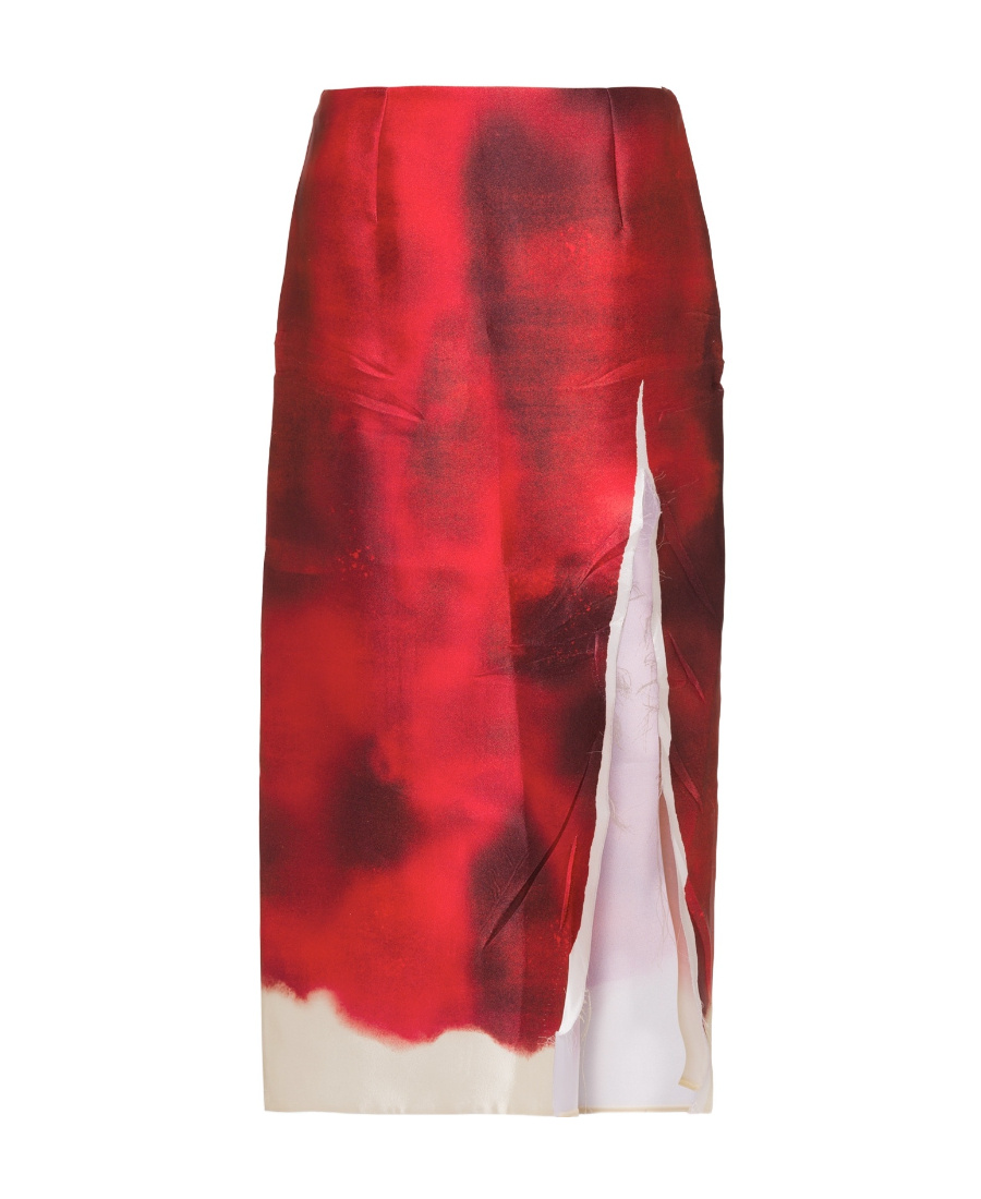 Shop Prada Printed Satin Midi Skirt With Slit In Red