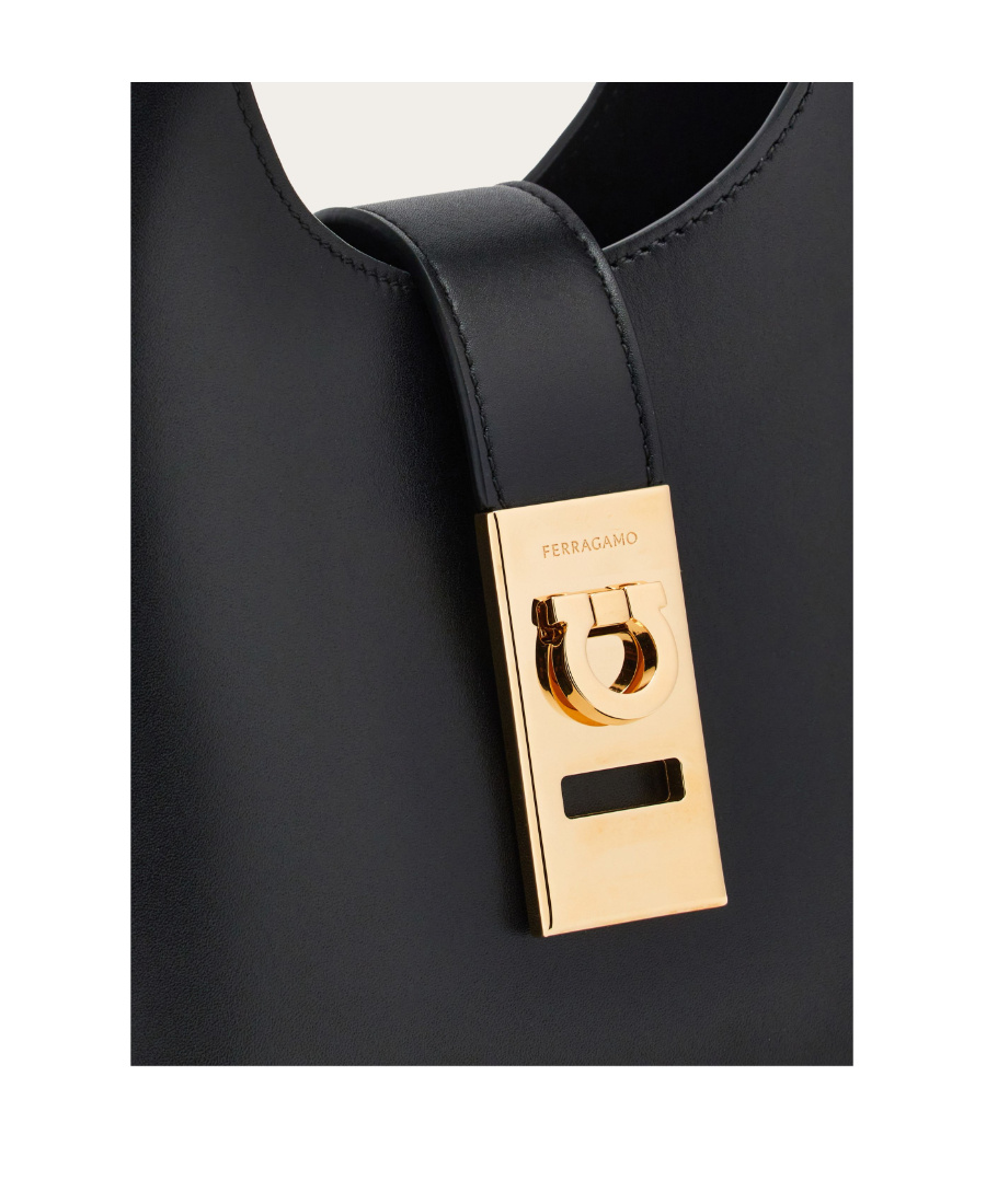 Ferragamo Salvatore Gancini-buckle Logo-engraved Mini Hobo Bag In Black