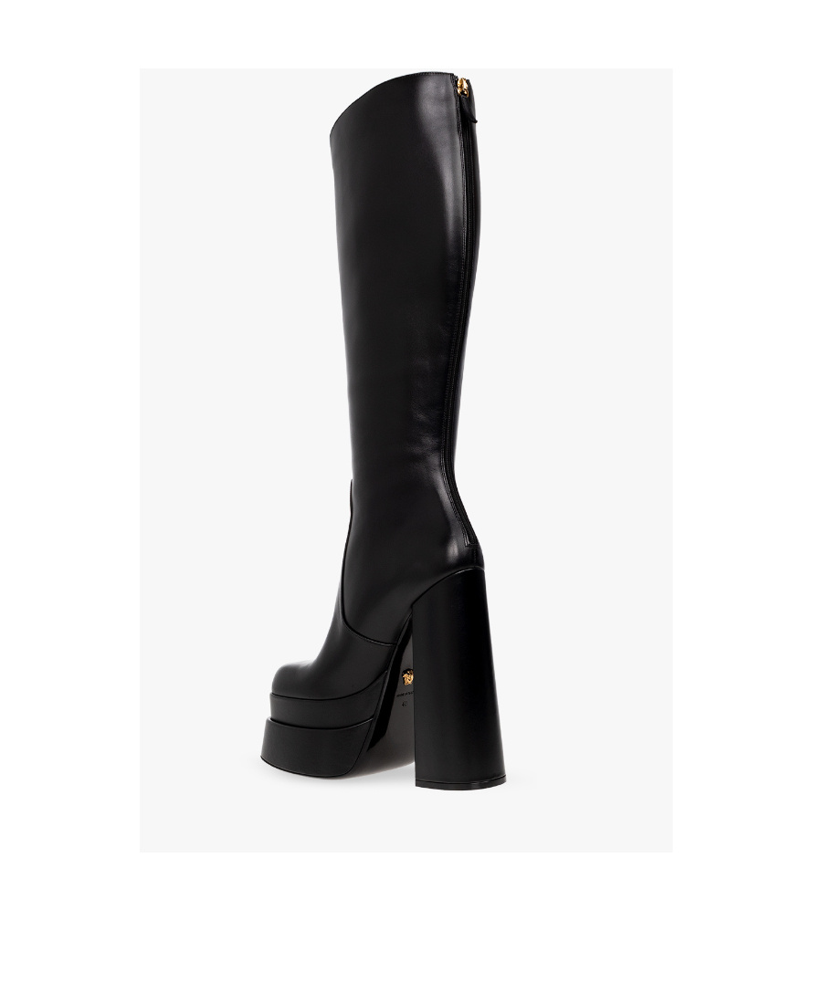 Versace Square Toe Block Heeled Boots In Black