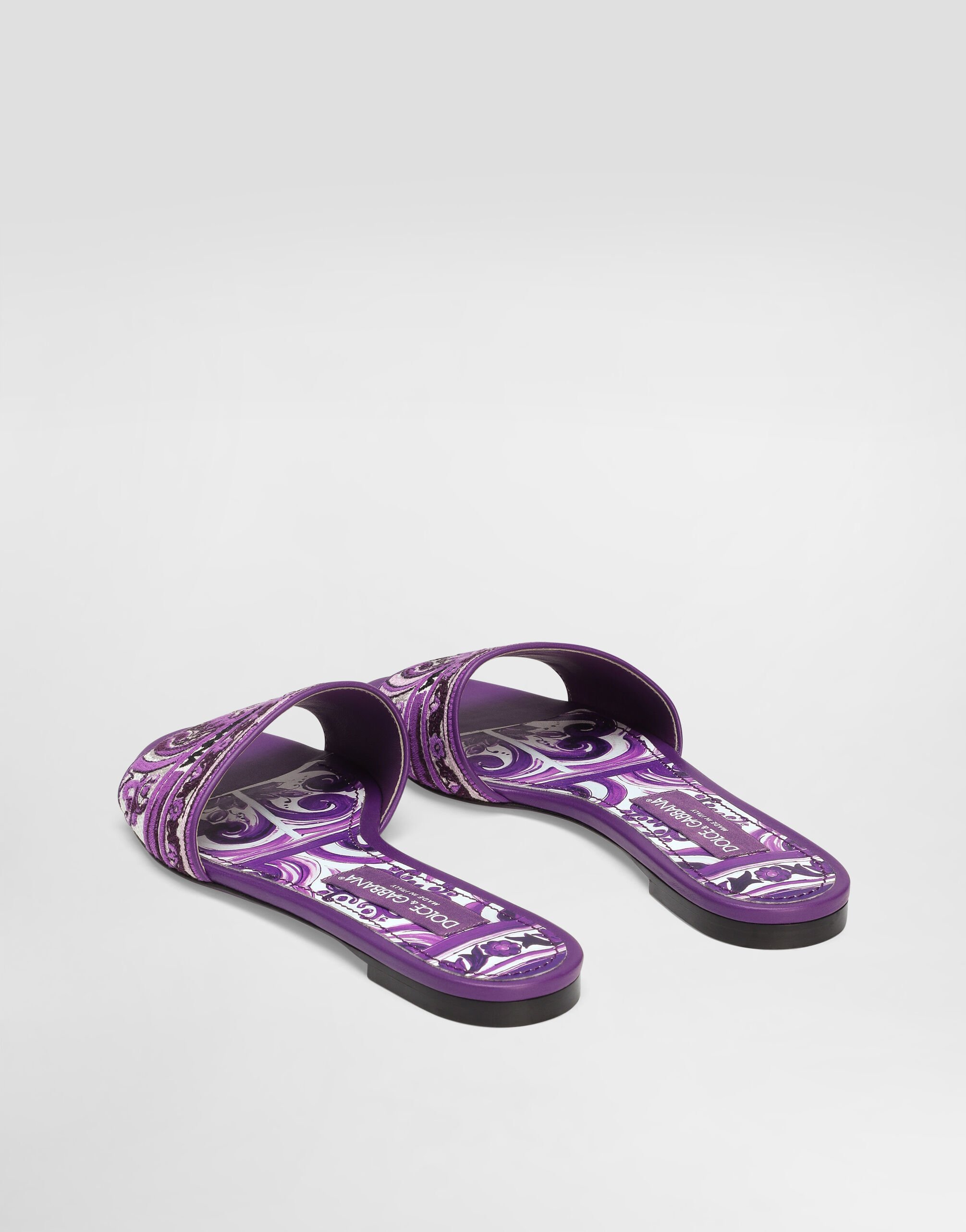 Dolce & Gabbana Violet Sandals With Logo Embroidery On The Front And All-over Majolica Motif In Cotton Blend Woman In Purple