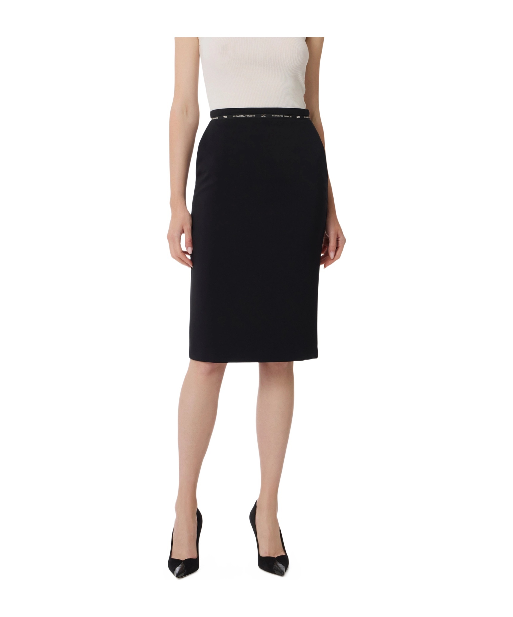Elisabetta Franchi Skirt In Crêpe Fabric With Logo Ribbon In Black