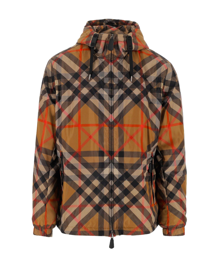 Burberry Plaid Drawstring Hooded Jacket In Brown