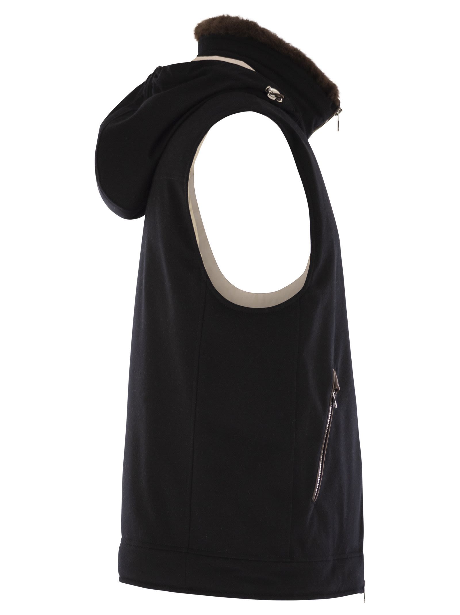 Brunello Cucinelli Men Wool Waistcoat With Fur Collar In Black